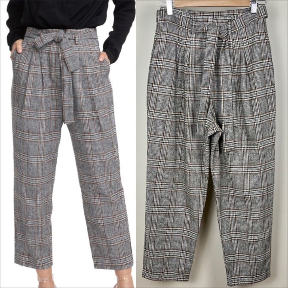 ASTR The Label Tie Waist Plaid Trousers